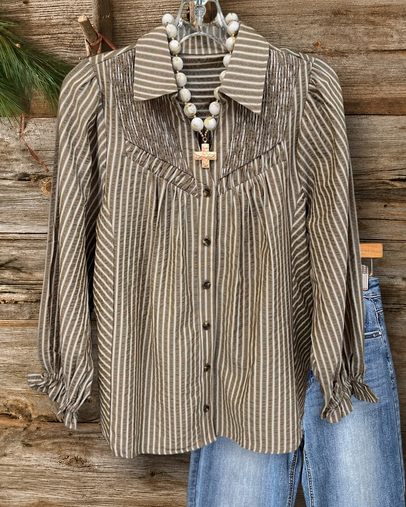 Striped Collared Smocked Yoke Ruffle Cuff Button Front Blouse