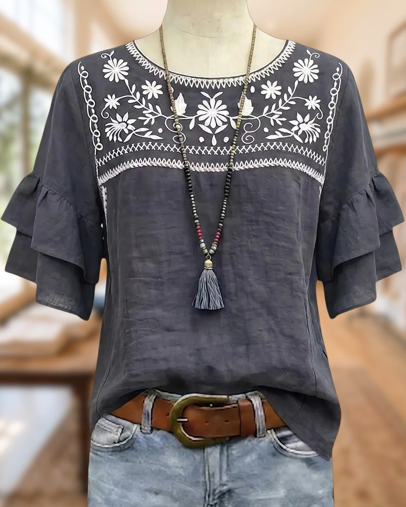Floral Embroidery Tiered Ruffle Sleeve Loose Casual Daily Blouse
