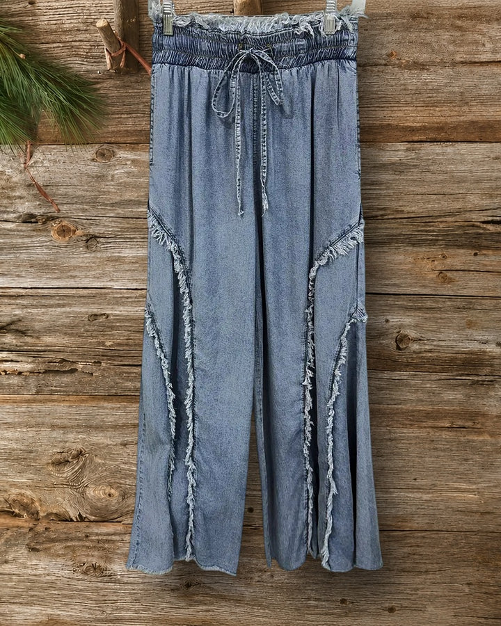 Drawstring Waist Frayed Trim Loose Wide Leg Jeans