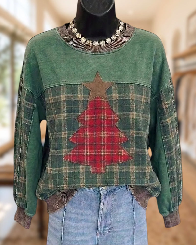 Plaid Panel Christmas Tree Applique Crew Neck Casual Sweatshirt