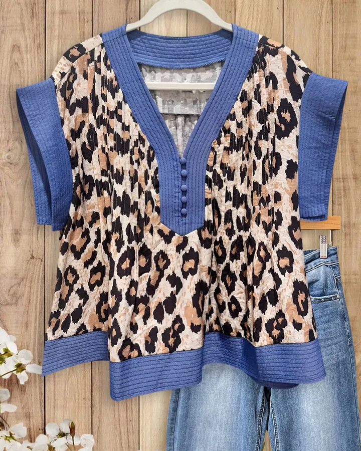 Leopard Print V Neck Contrast Trim Button Front Loose Blouse