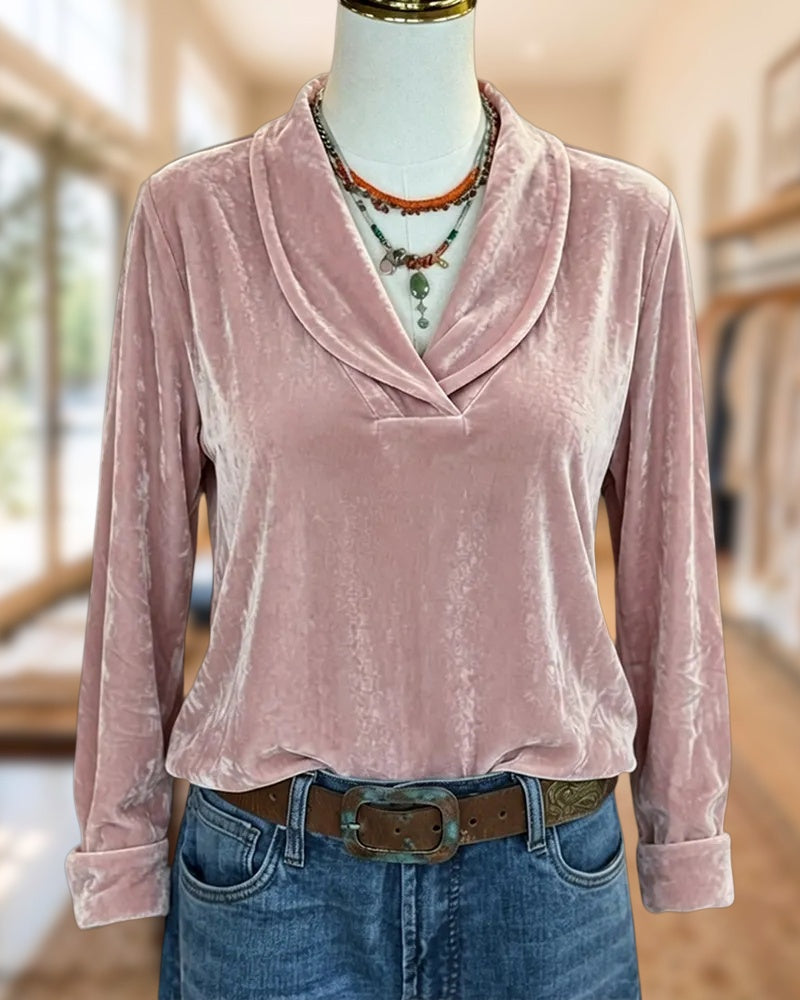 Shawl Collar Ruched Long Sleeve Velvet Casual Blouse