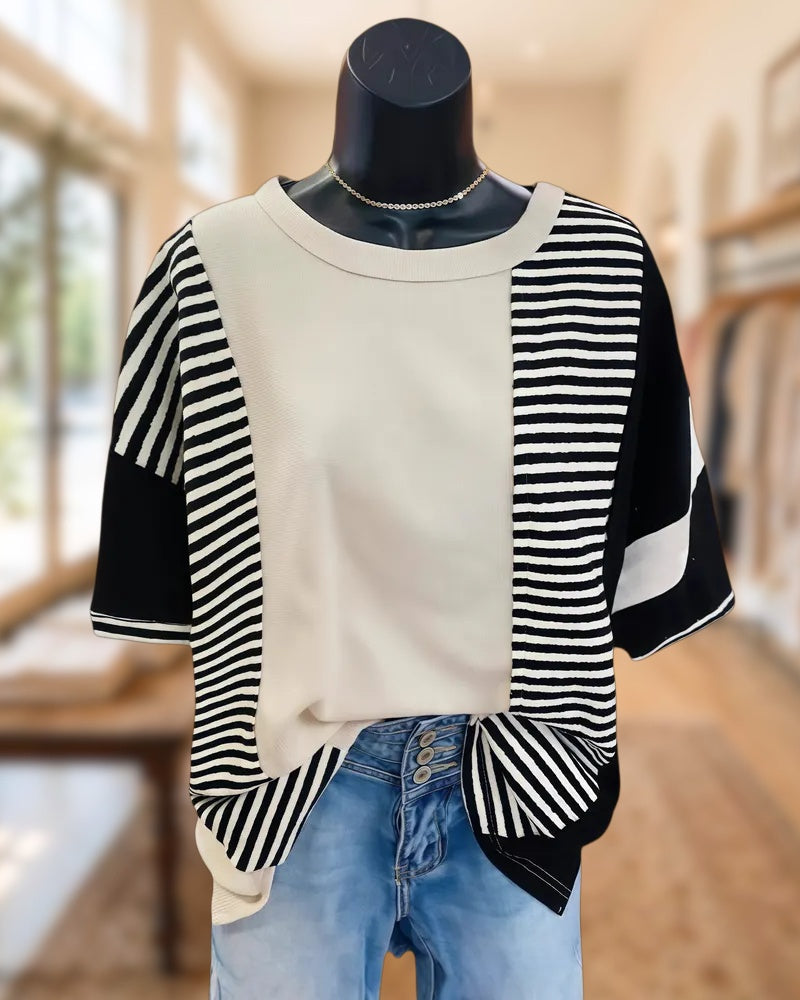 Patchwork Striped Color Block Retro Round Neck Shirt