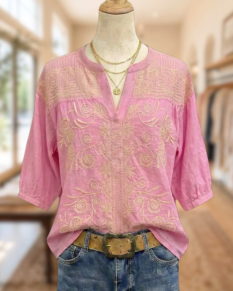 Floral Embroidered V Neck Glamorous Boho Blouse