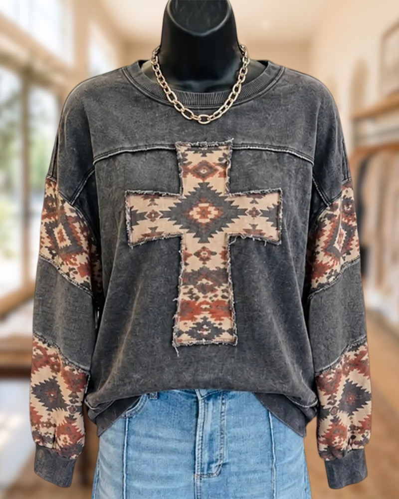 Frayed Aztec Cross Patch Contrast Sleeve Crew Neck Sweatshirt