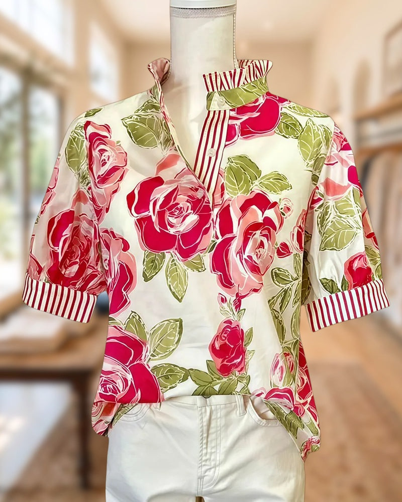 Patchwork Floral Print Elegant Ruffled Collar Blouse