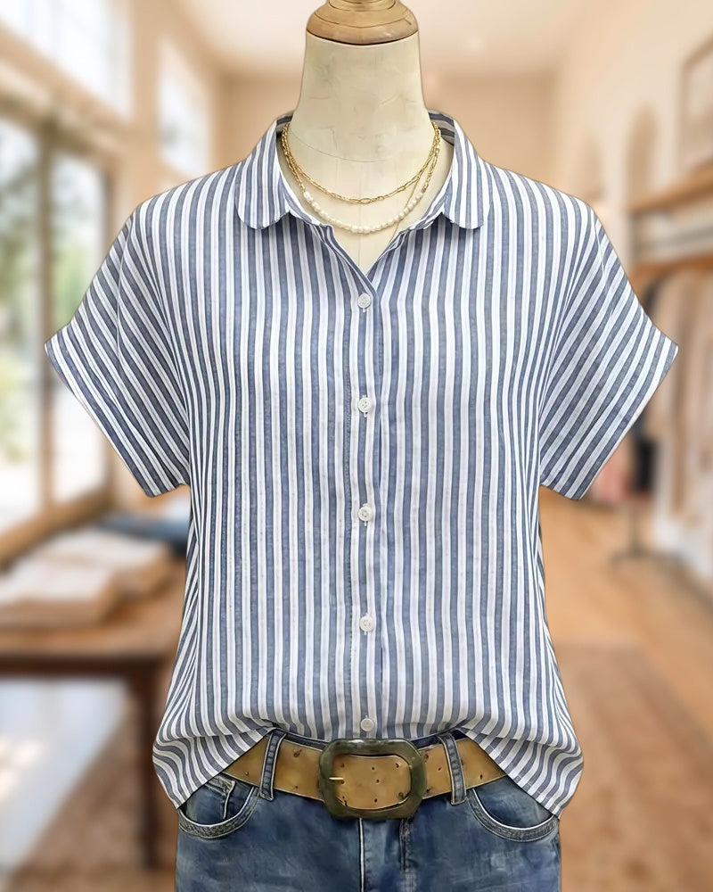 Striped Button Front Peter Pan Collar Short Sleeve Loose Casual Shirt