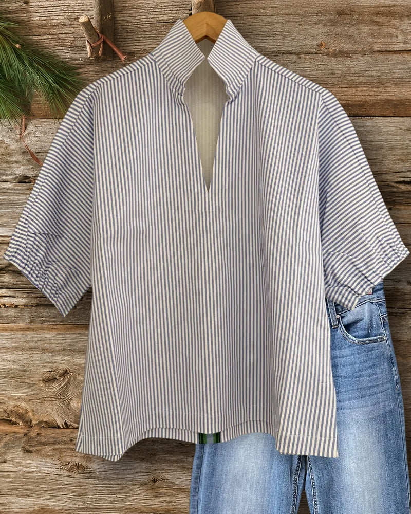 V Neck Striped Half Sleeve Loose Casual Blouse