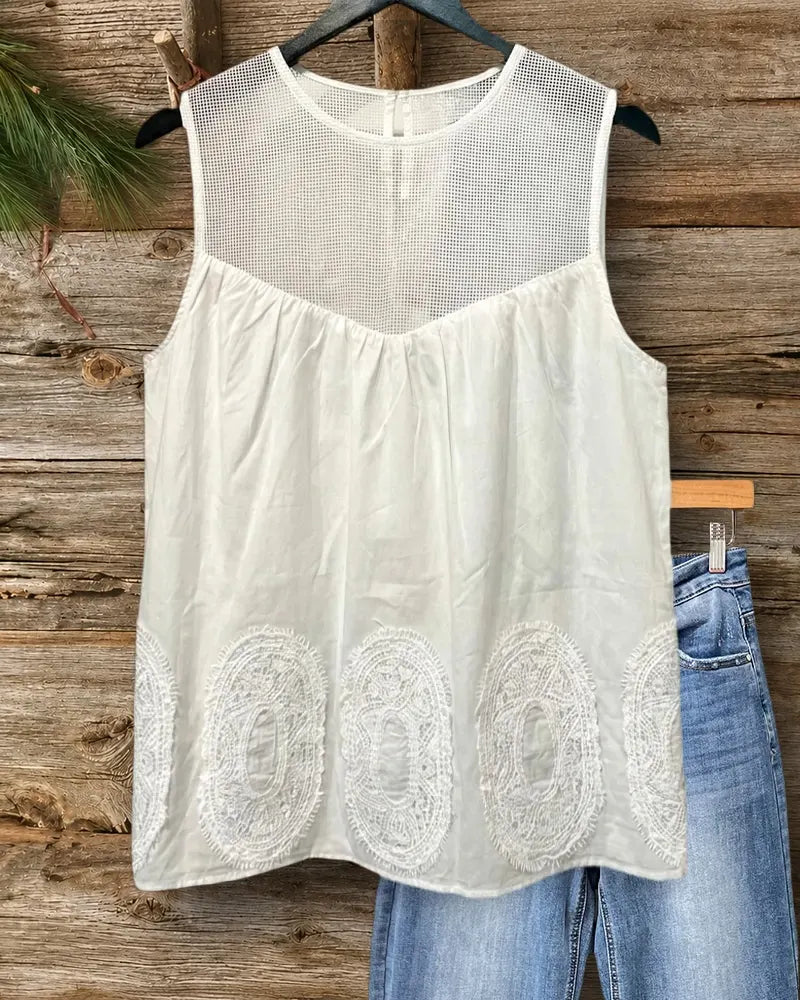 Mesh Panel Sleeveless Embroidered Hem Gathered Casual Tank Top