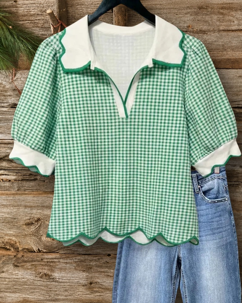 Gingham Scallop Trim Peter Pan Collar Puff Sleeve Blouse