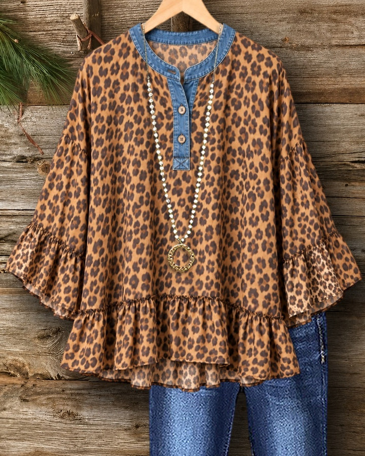 Leopard Print Denim Placket Flare Sleeve Ruffled Hem Blouse
