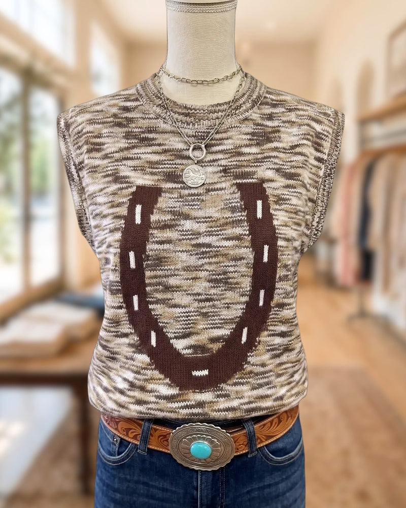 Horseshoe Graphic Marled Knit Sleeveless Casual Daily Layering Vest