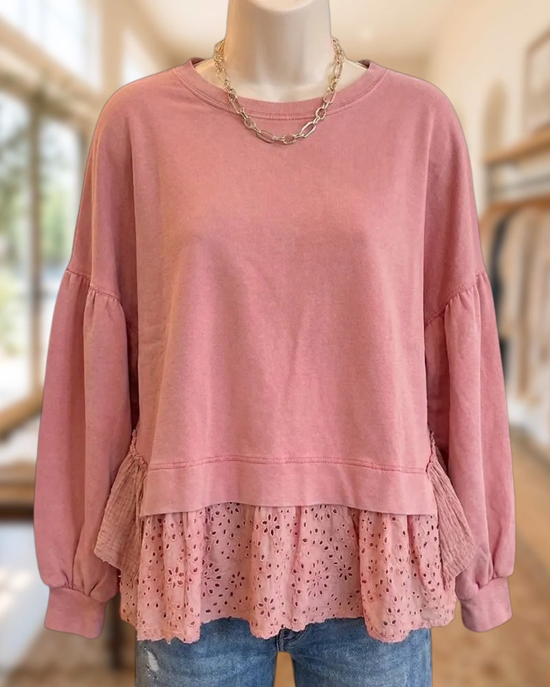 Crew Neck Long Sleeve Cute Tiered Eyelet Hem Sweatshirt