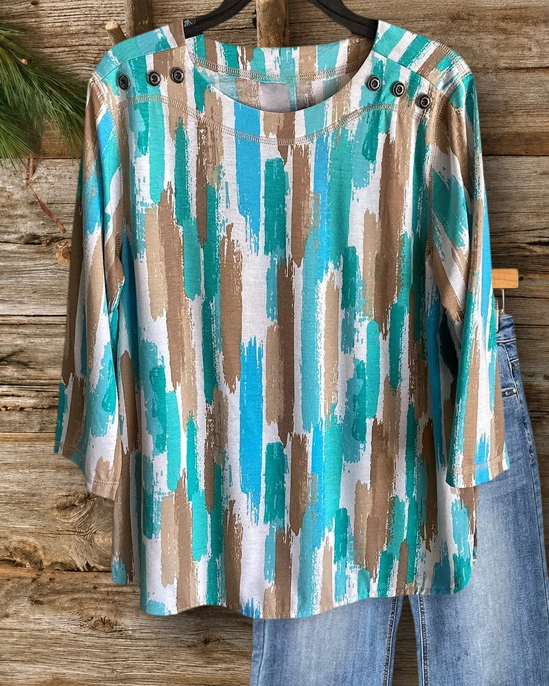 Watercolor Print Cozy Round Neck Shirt