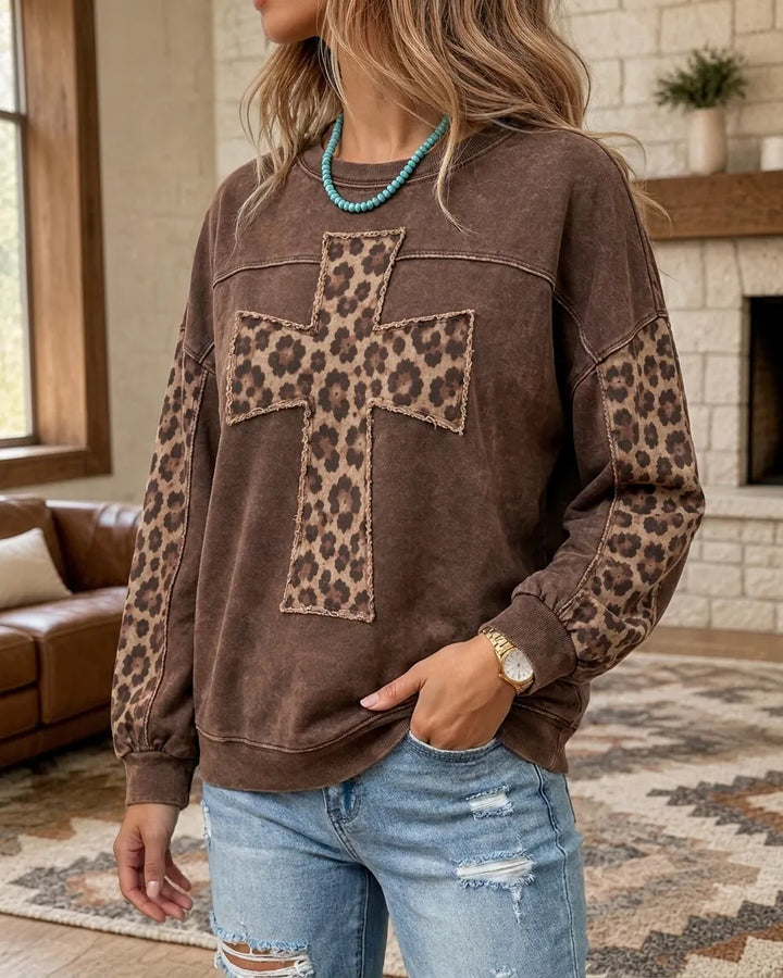 Leopard Cross Applique Crew Neck Long Sleeve Sweatshirt
