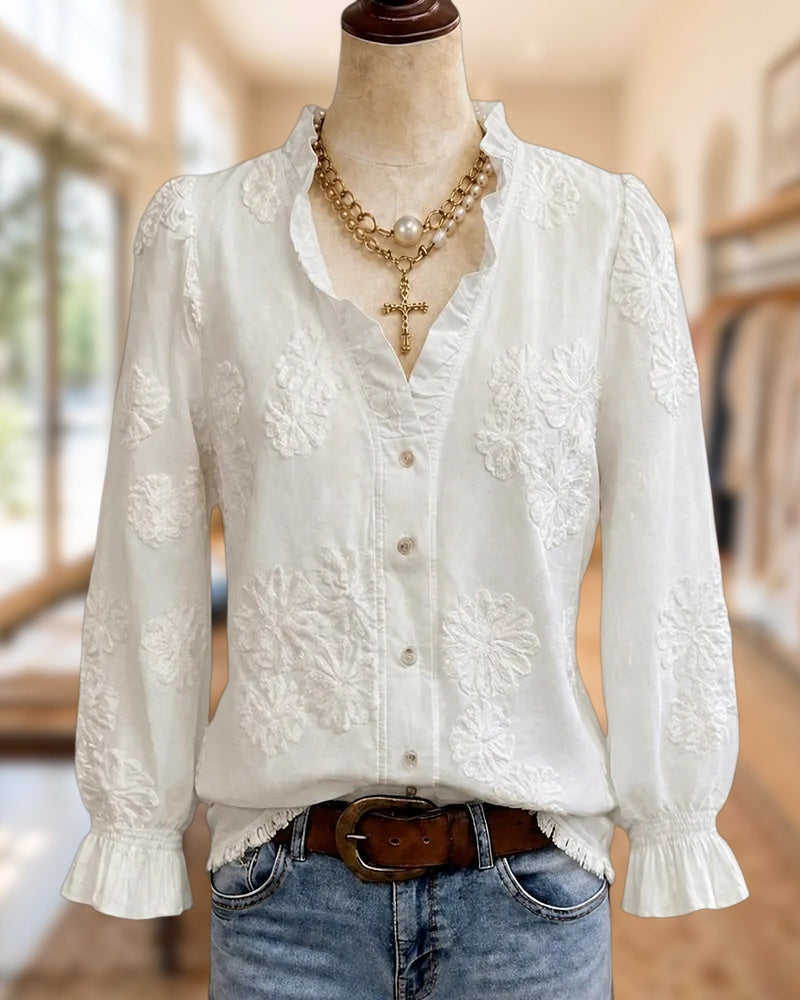 Floral Embroidered Ruffle Trim Blouse