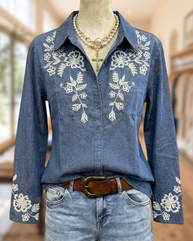 Detailed Floral Embroidered Long Sleeve Denim Shirt