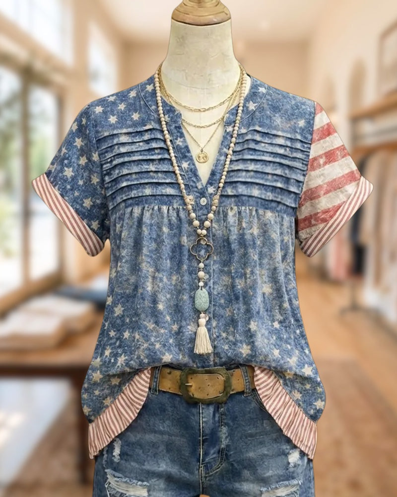 Flag-inspired Print On-trend Button Front Babydoll Blouse