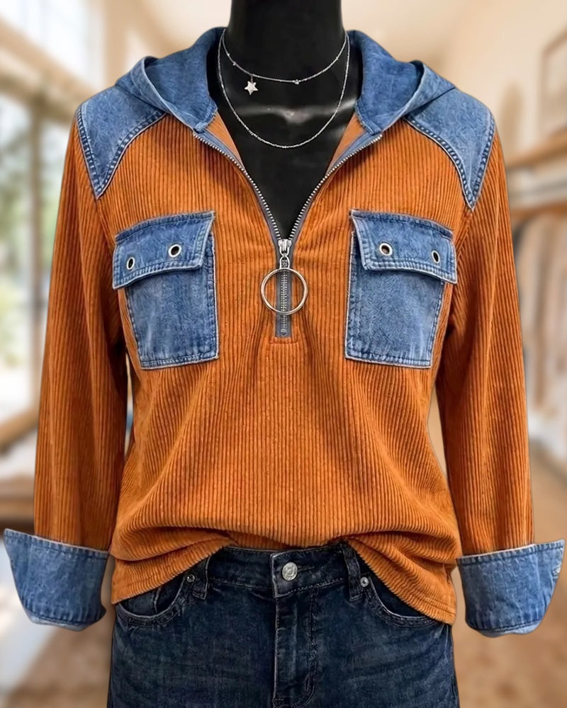 Hooded Half Zip Contrast Denim Trim Flap Pocket Blouse