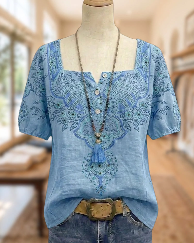 Square Neck Embroidered Button Front Short Sleeve Casual Blouse