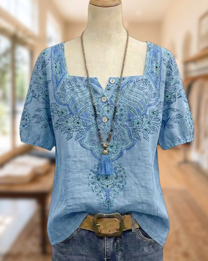 Square Neck Embroidered Button Front Short Sleeve Casual Blouse