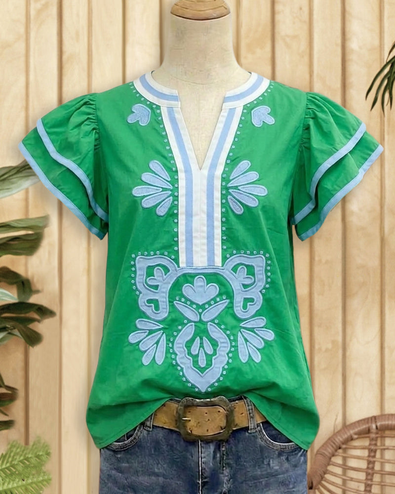 Embroidered V Neck Flutter Sleeve Contrast Trim Loose Blouse