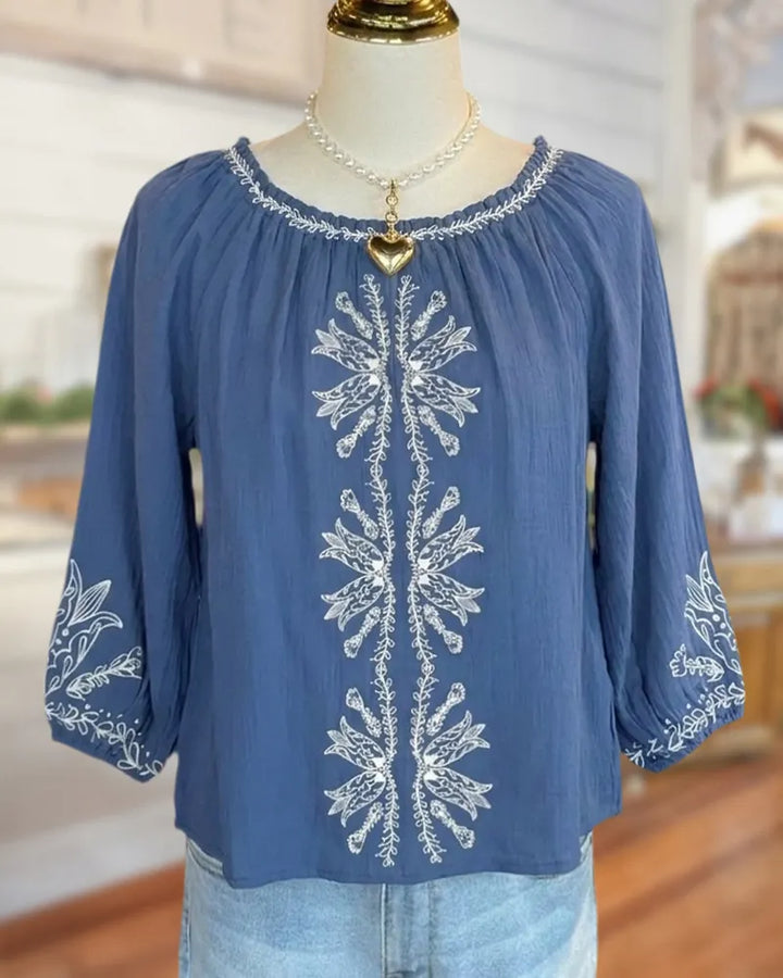 Floral Embroidery Scoop Neck Raglan Sleeve Soft Boho Blouse