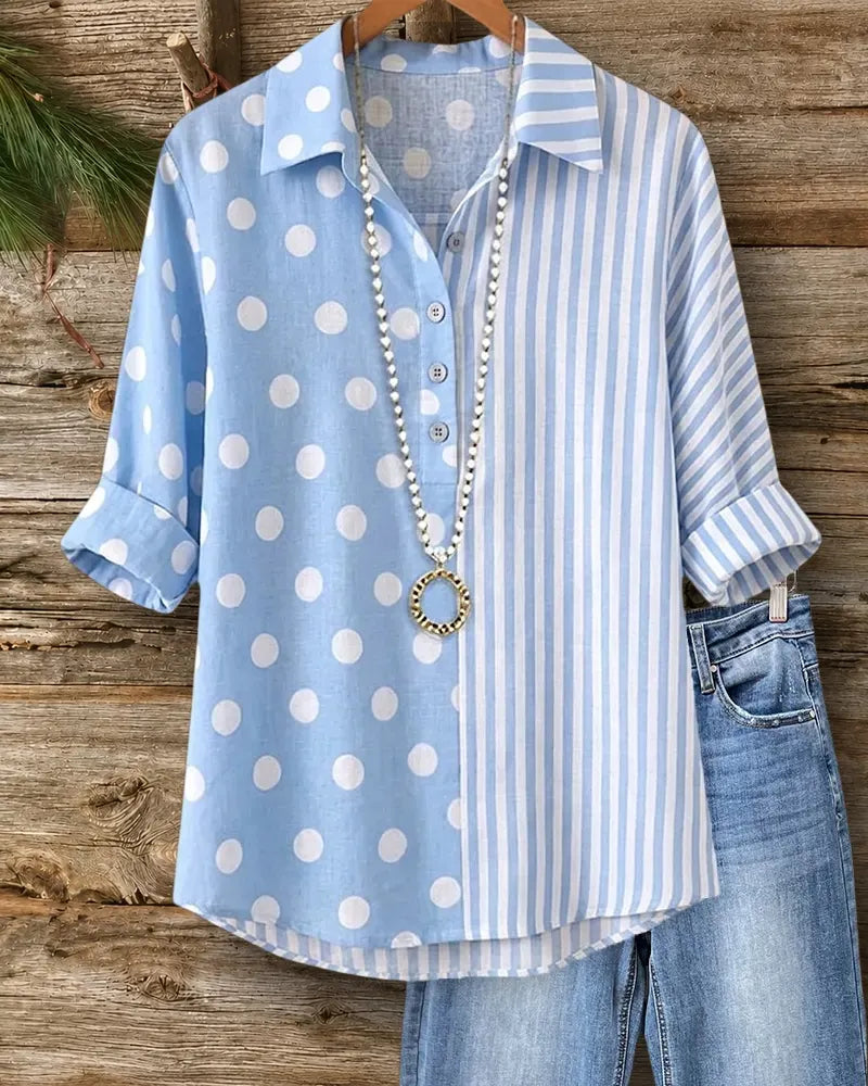 Polka Dot & Striped Collared Half Button Placket Urban Shirt