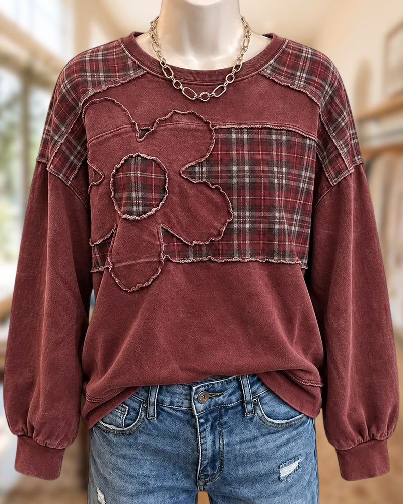 Plaid Splicing Raw Edge Applique Loose Fit Crew Neck Sweatshirt
