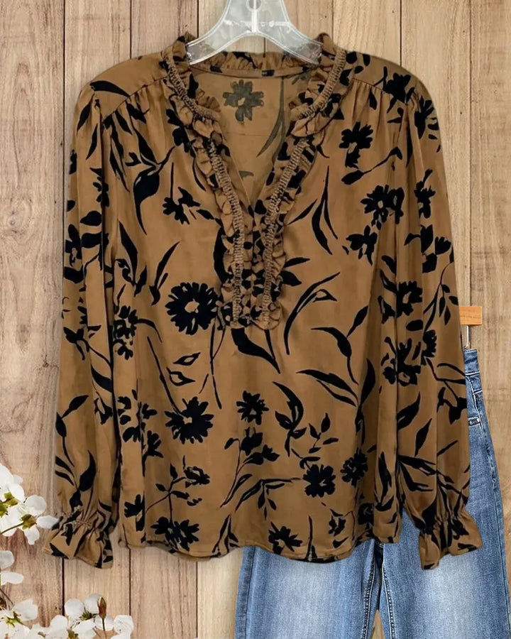 Floral Print Ruffle Trim V Neck Long Sleeve Blouse