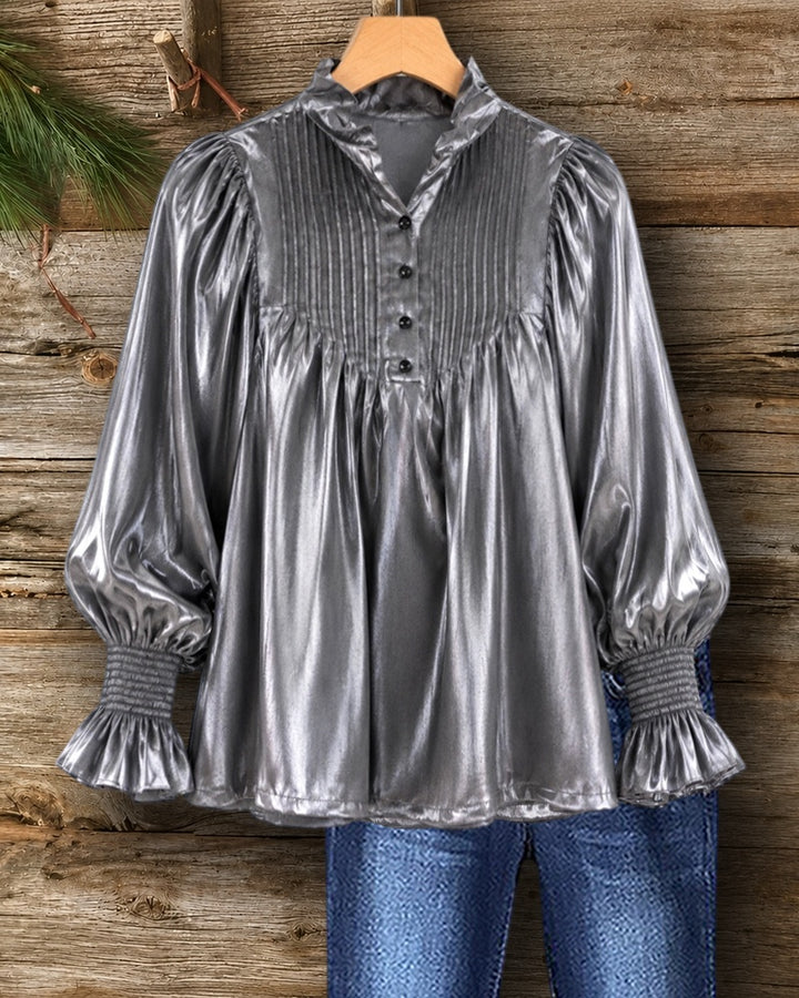 Ruffled Collar Pleated Front Smocked Cuff Loose Blouse