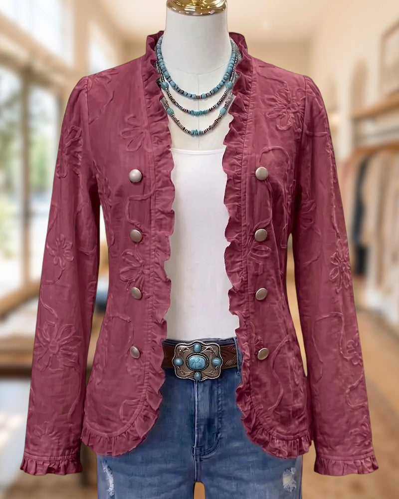 Floral Embroidery Ruffle Trim Open Front Long Sleeve Casual Jacket