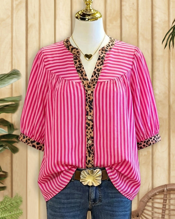 Leopard Trim Striped Commuting Button Up Blouse