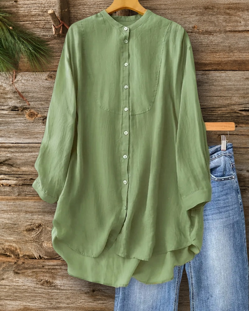 Solid Color Long Sleeve Button Up Stand Collar Loose Shirt