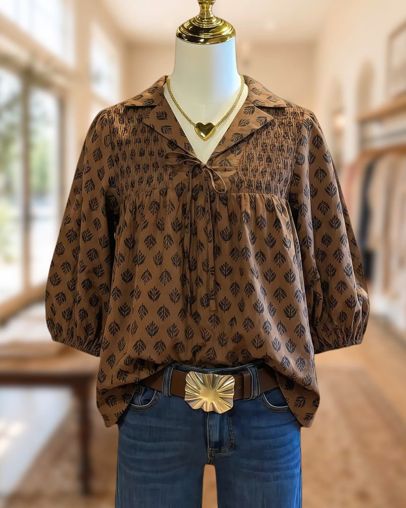 Floral Print Smocked Smart Tie Front Puff Sleeve Blouse