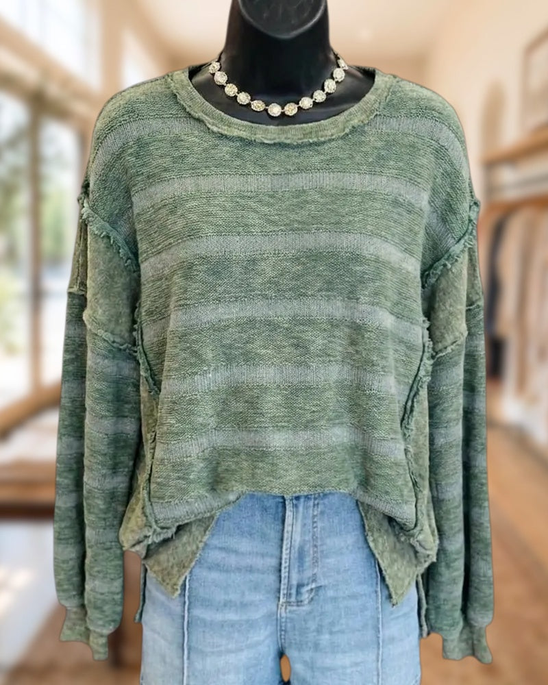 Striped Frayed Seam Side Slit Long Sleeve Knit Top