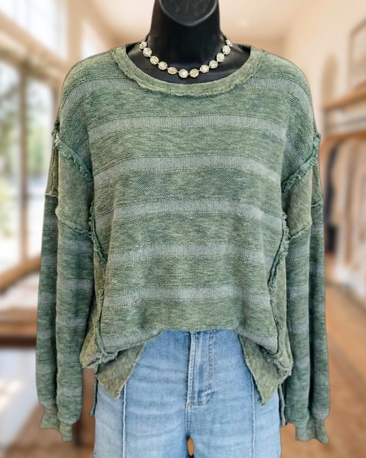 Striped Frayed Seam Side Slit Long Sleeve Knit Top