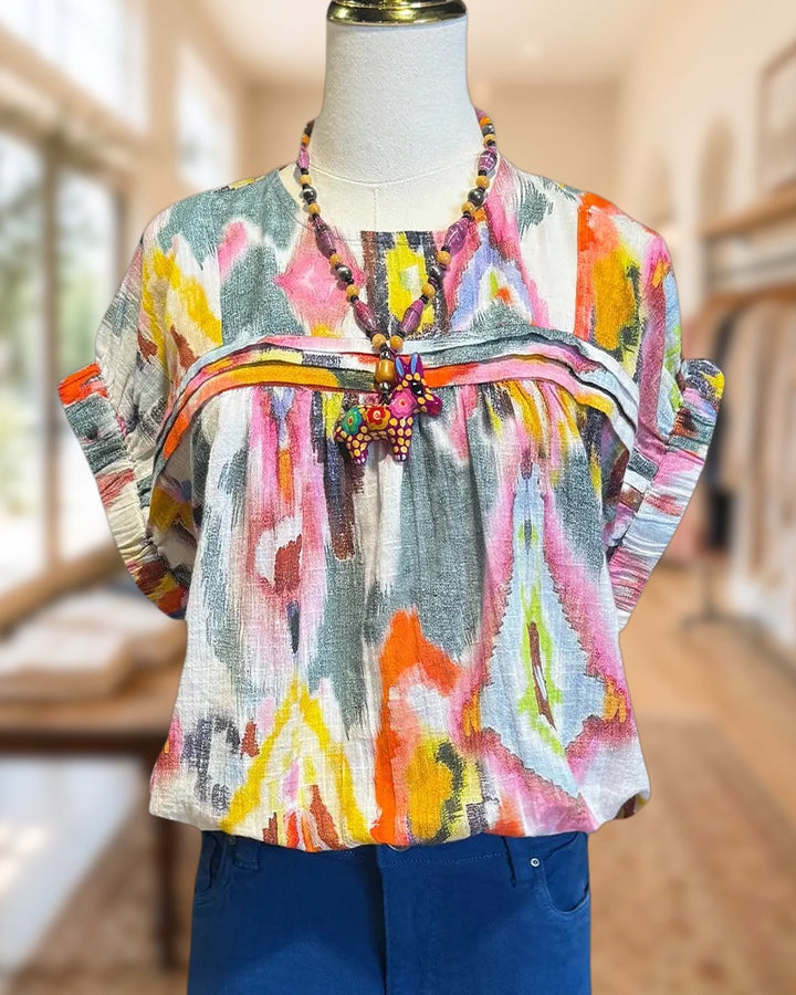 Abstract Print Ruffle Trim Gathered Bust Loose Short Sleeve Blouse