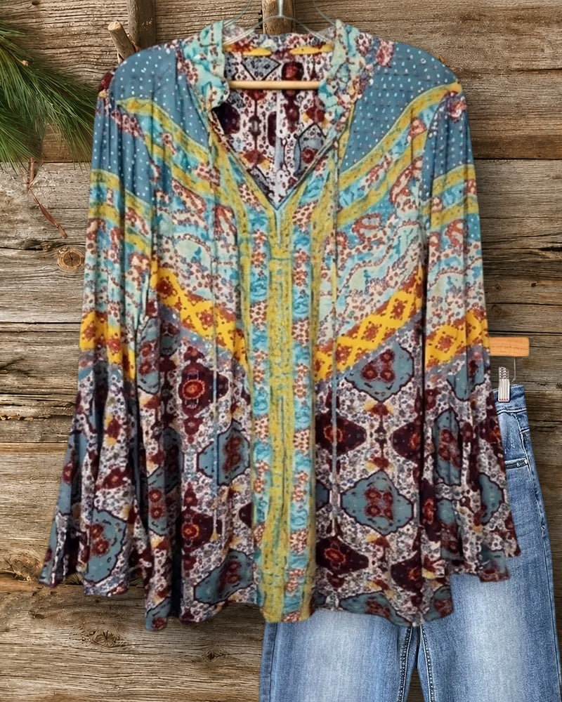 V Neck Tie Detail Loose Fit Bell Sleeve Printed Blouse