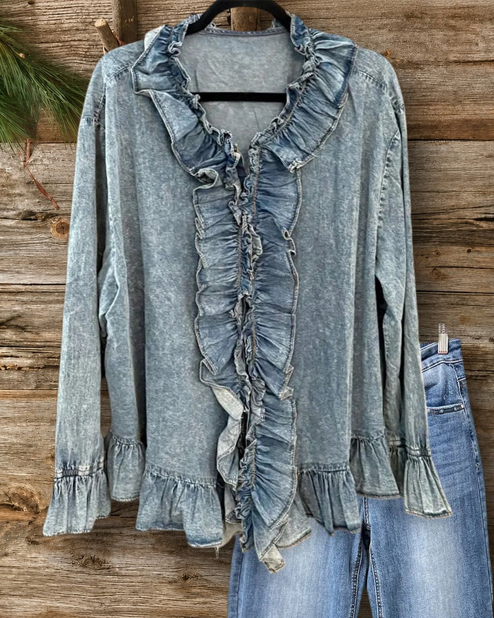 Ruffled Trim V Neck Flare Sleeve Casual Denim Blouse