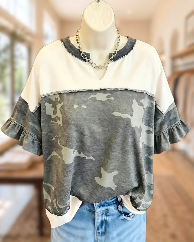 Camo Print Ruffle Sleeve Notched Neck Exposed Seam Casual Top