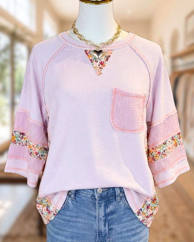 Floral Patchwork Raglan Sleeve Chest Pocket Relaxed Casual Top