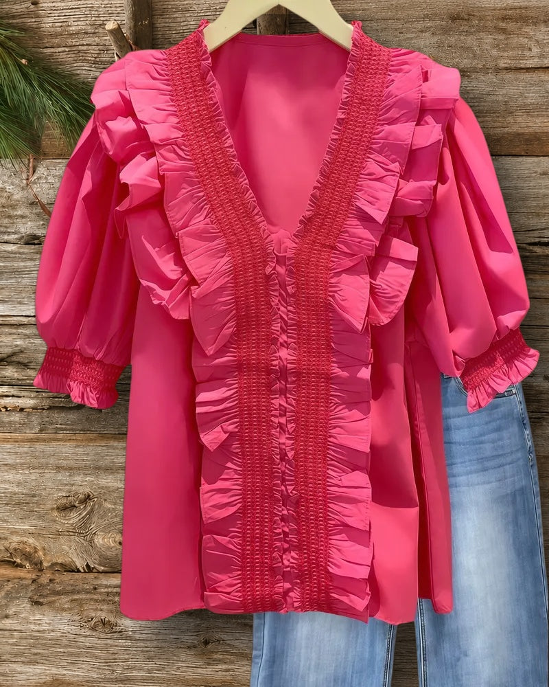 Solid Color V Neck Rocking Smocked Ruffles Blouse
