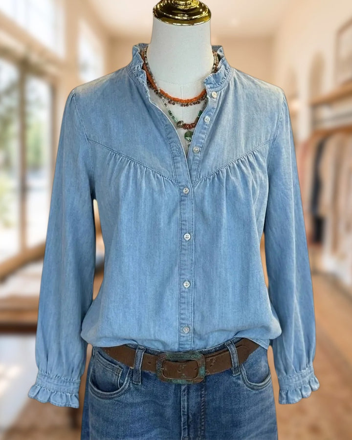Ruffled Trim Button Front Gathered Yoke Long Sleeve Blouse