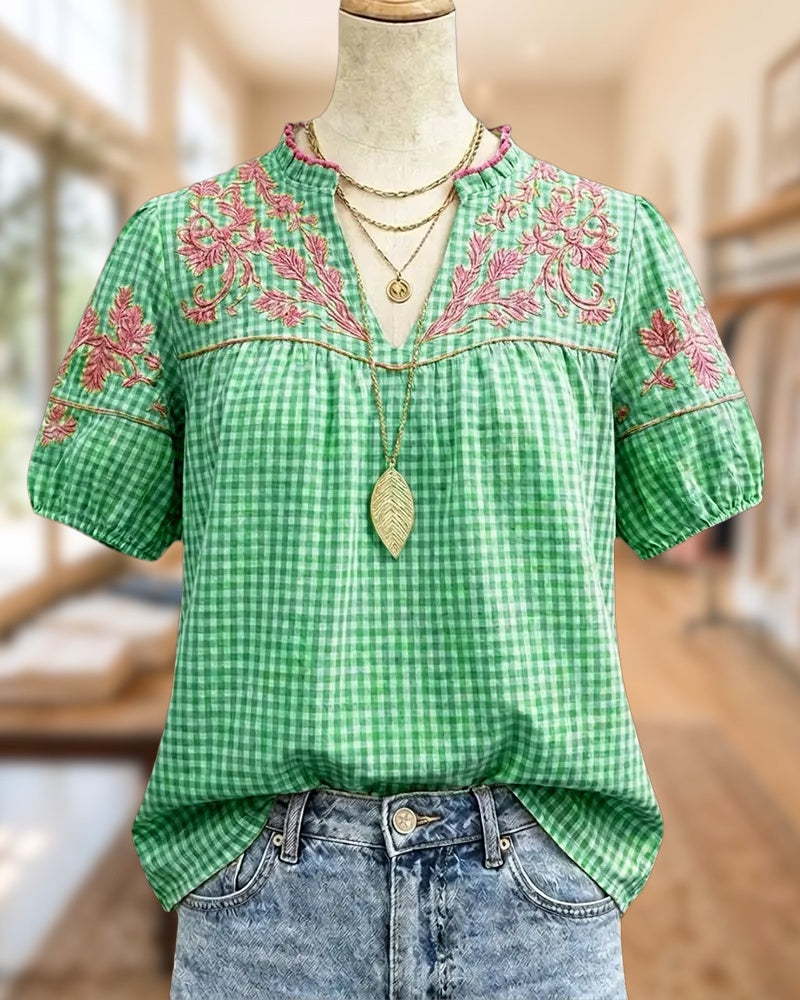 Gingham Floral Embroidery Ruffle V Neck Puff Sleeve Blouse