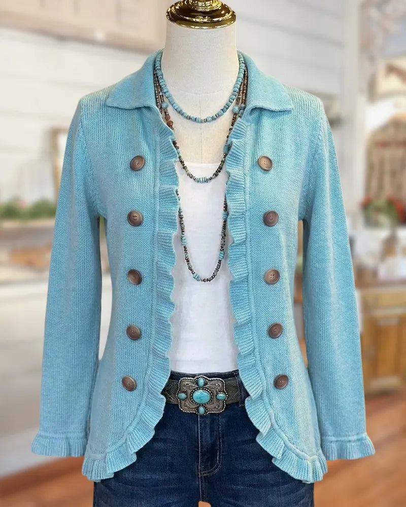 Ruffle Trim Double Breasted Collared Long Sleeve Knit Cardigan