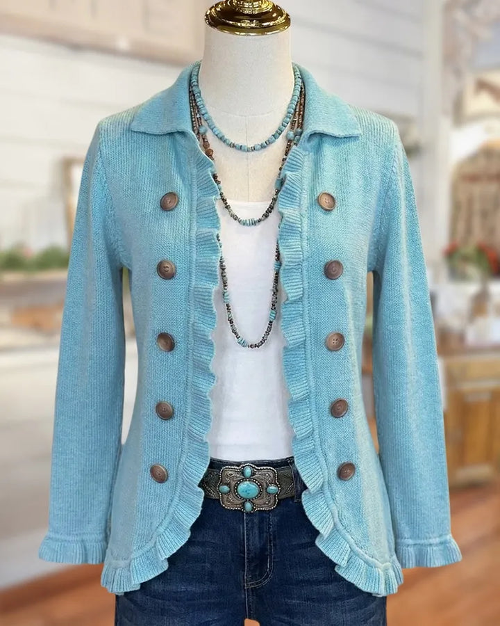 Ruffle Trim Double Breasted Collared Long Sleeve Knit Cardigan
