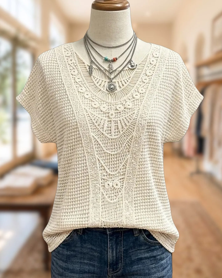 Crochet Detailing V Neck Short Sleeve Relaxed Fit Blouse