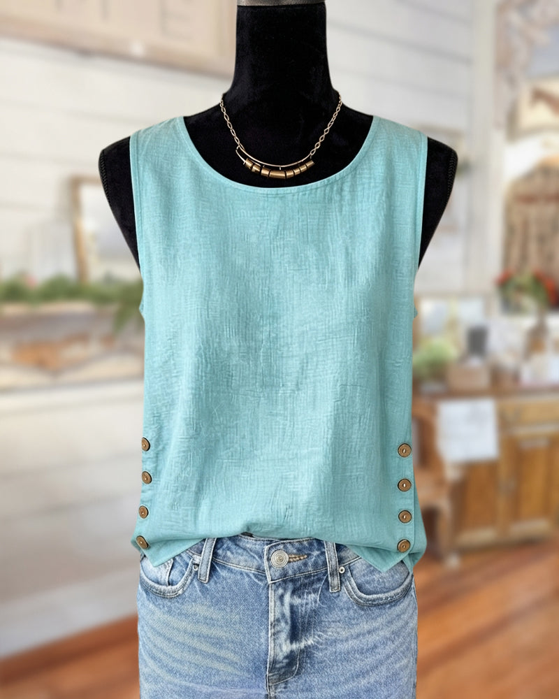 Sleeveless Side Button Detail Casual Lightweight Everyday Tank Top