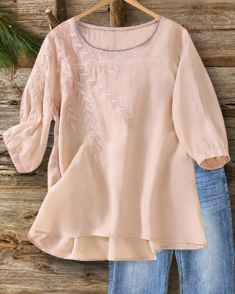 Embroidered Leaf Contrast Trim High Low Hem 3/4 Sleeve Blouse